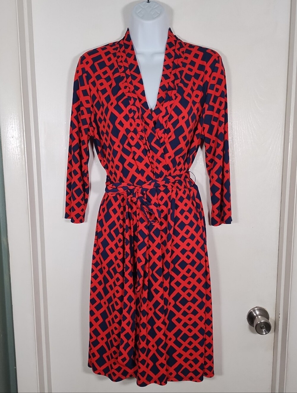 Liz Claiborne Dress Women's L Coral Blue Geometric Print Belted Faux Wrap - Picture 1 of 12